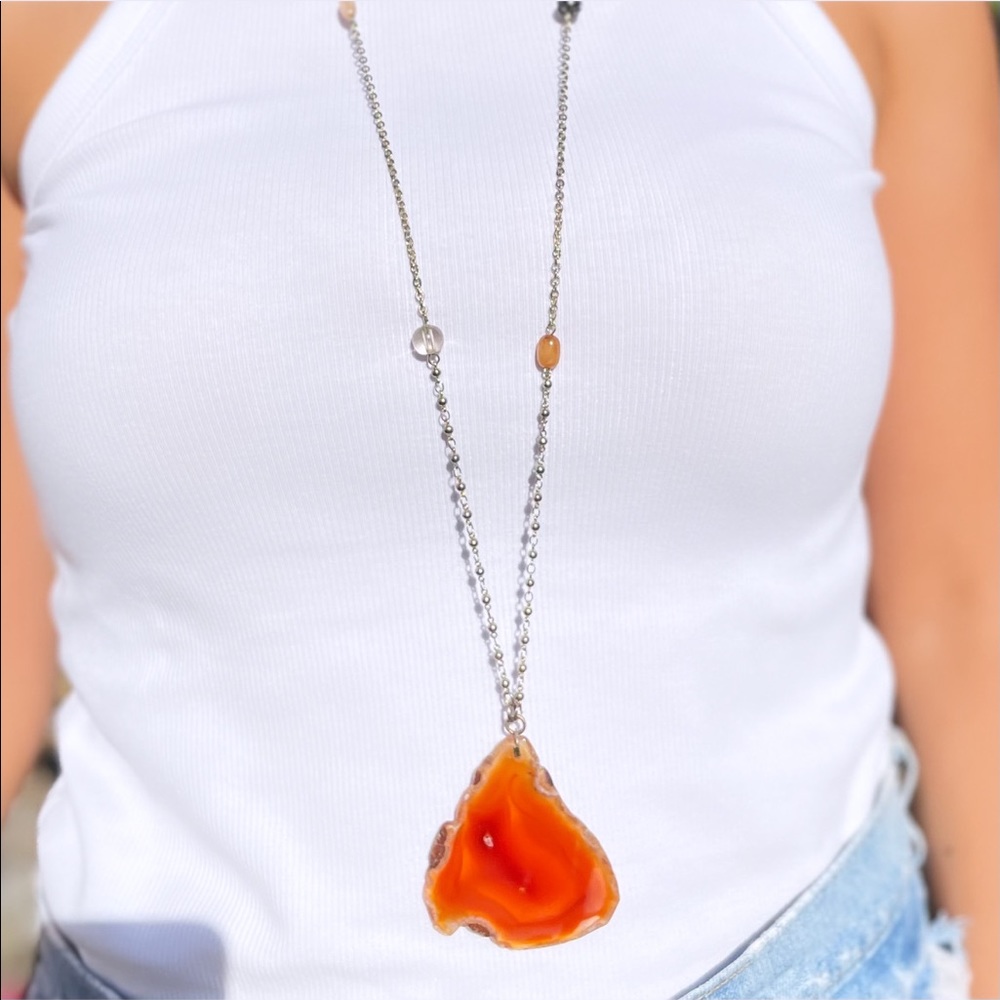 Vintage Pendant Necklace Sliced Agate Stone